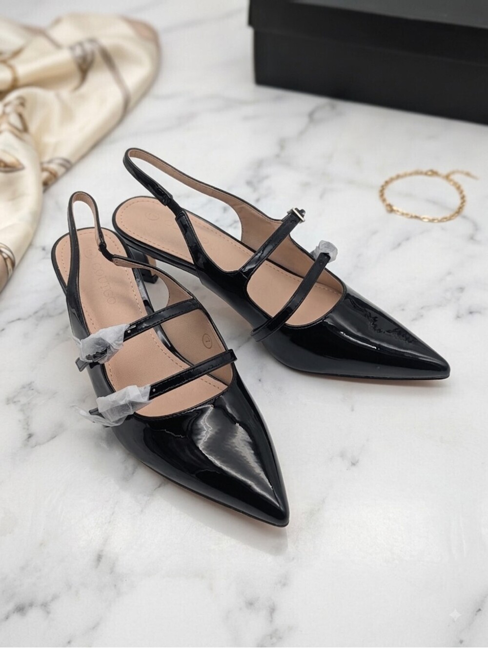 Coutgo Black Patent Double-Strap Slingback Kitten Heels